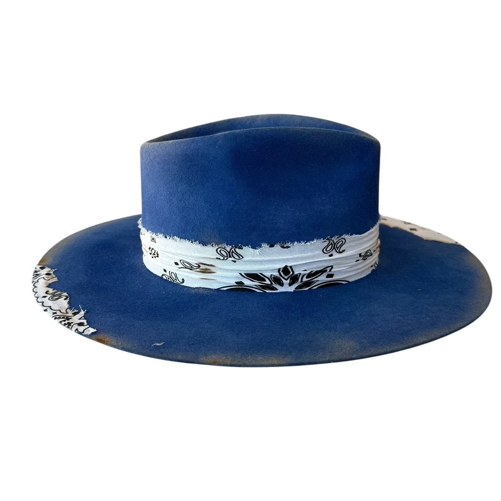 REV RAN Hats Royal Blue Western Hat Bandana‎ Feather Accent Size 7